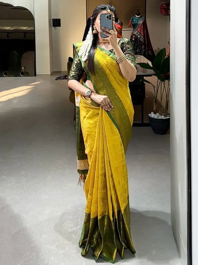 Beautiful Yellow Zari Weaving Kanjivaram Wedding Saree With Blouse